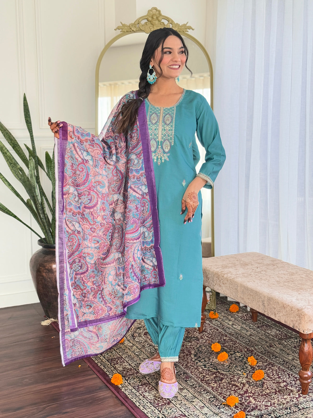 Teal Green Embroidered Kurta Set with Paisley Dupatta