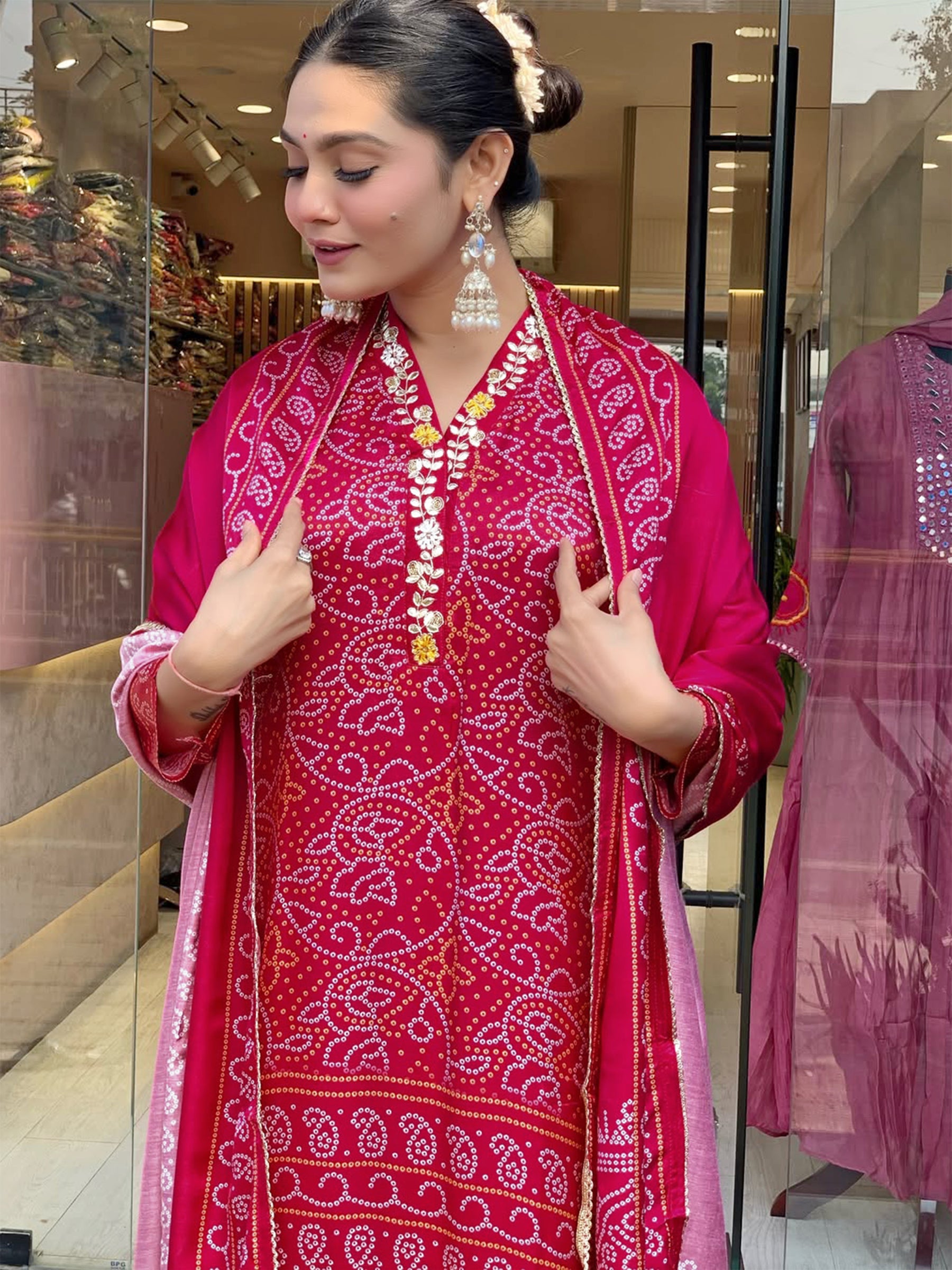 Navya Rani Pink Bandhani Kurta Set with Dupatta