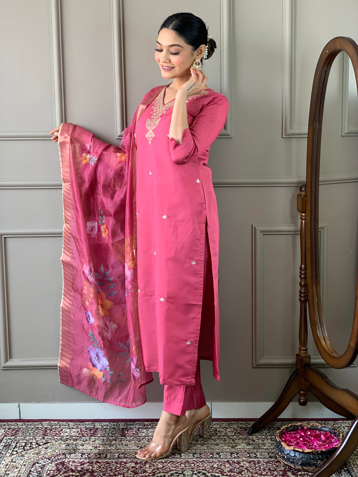 Rani Pink Embroidered Kurta Set with Organza Dupatta