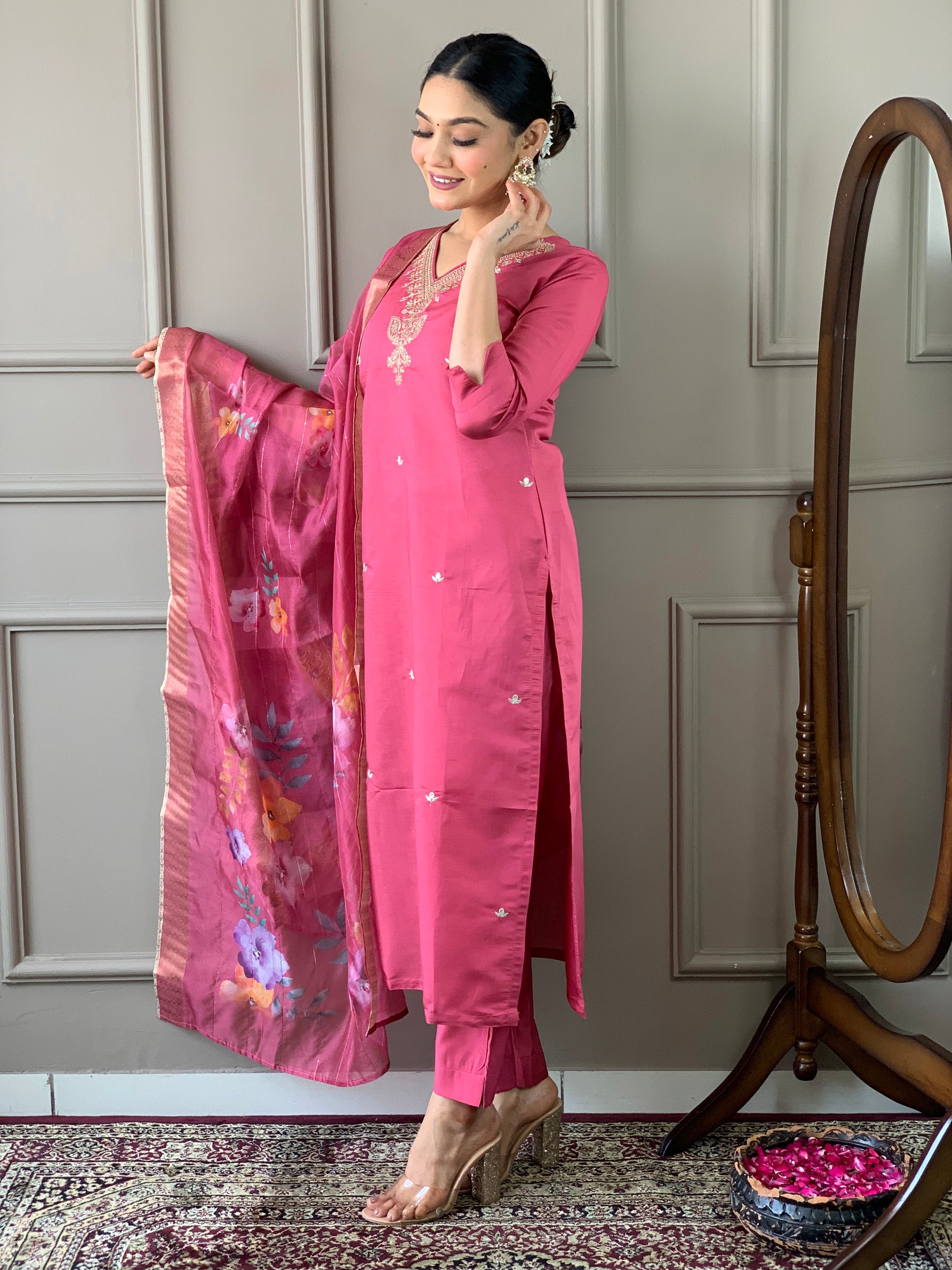 Rani Pink Embroidered Kurta Set with Organza Dupatta
