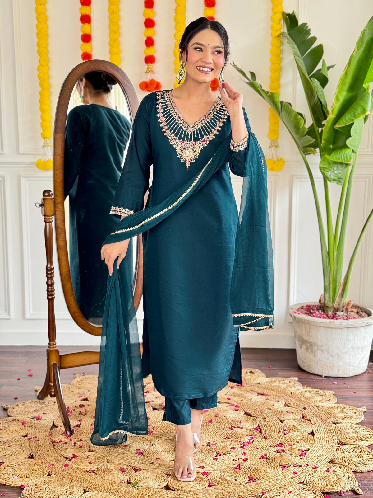 Bottle Green Embroidered Kurta Set with Dupatta