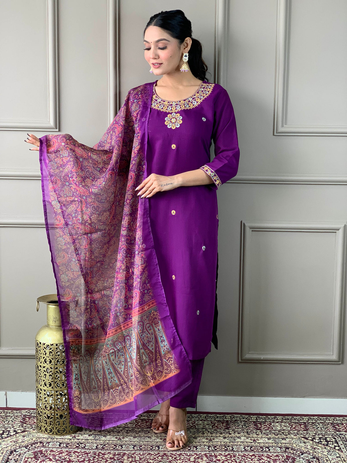 Royal Purple Embroidered Kurta Set with Paisley Dupatta