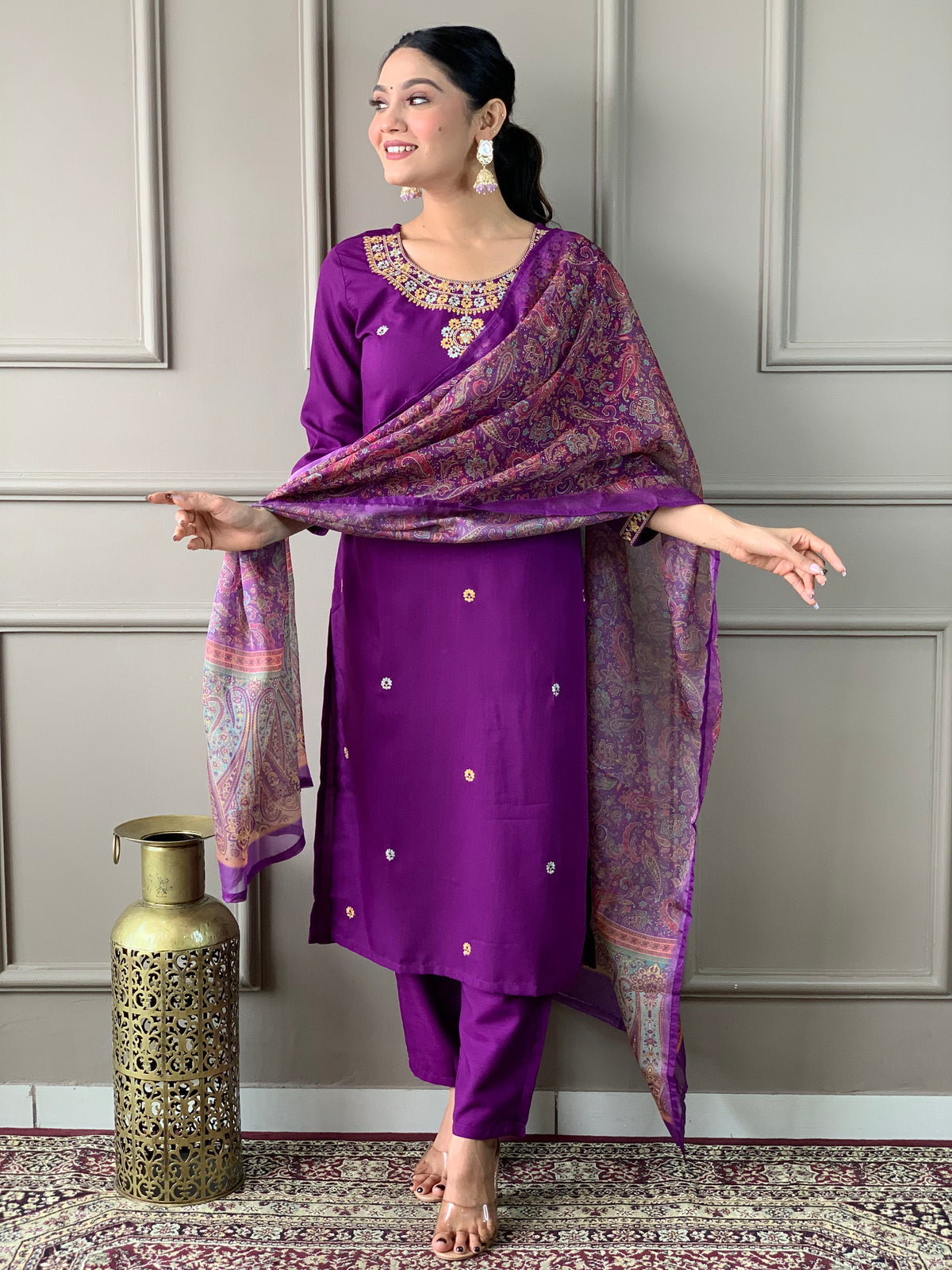 Royal Purple Embroidered Kurta Set with Paisley Dupatta