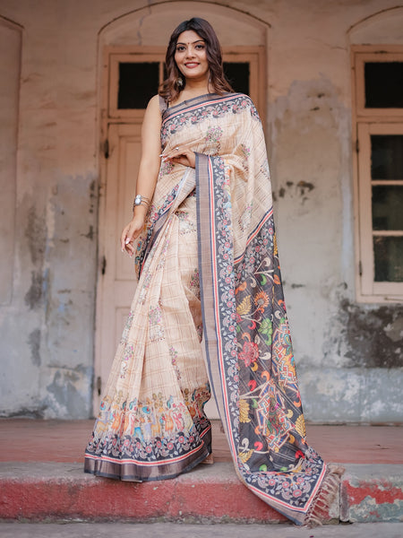 Printed Beige Linen Saree for Women with Multicolor Pallu and Ethnic Border – Lightweight Casual Wear