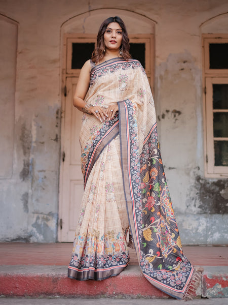 Printed Beige Linen Saree for Women with Multicolor Pallu and Ethnic Border – Lightweight Casual Wear