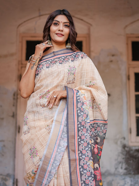 Printed Beige Linen Saree for Women with Multicolor Pallu and Ethnic Border – Lightweight Casual Wear