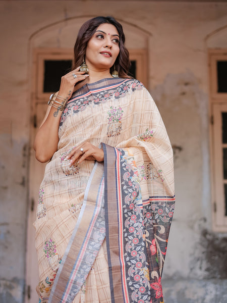 Printed Beige Linen Saree for Women with Multicolor Pallu and Ethnic Border – Lightweight Casual Wear