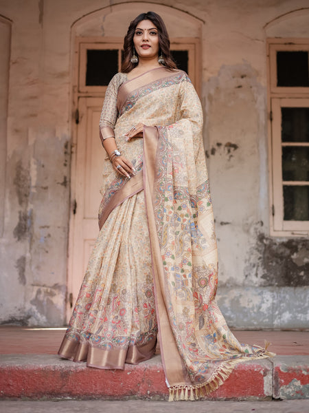 Printed Off White Linen Saree for Women with Multicolor Pallu and Ethnic Border – Lightweight Casual Wear