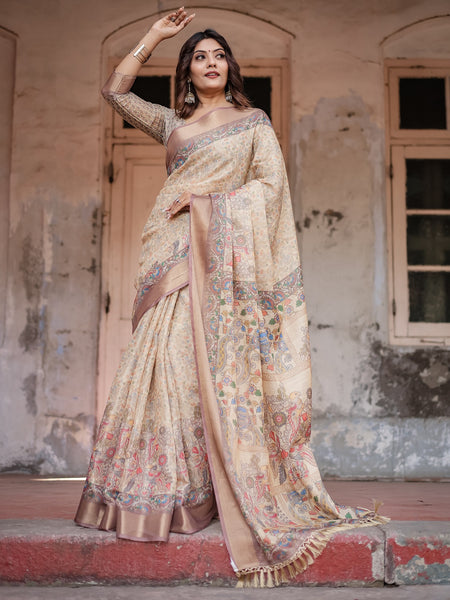 Printed Off White Linen Saree for Women with Multicolor Pallu and Ethnic Border – Lightweight Casual Wear