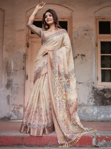 Printed Off White Linen Saree for Women with Multicolor Pallu and Ethnic Border – Lightweight Casual Wear