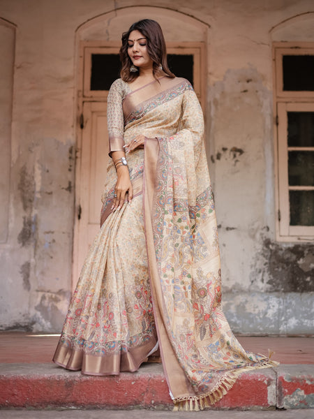 Printed Off White Linen Saree for Women with Multicolor Pallu and Ethnic Border – Lightweight Casual Wear