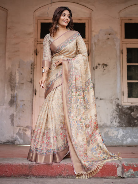 Printed Off White Linen Saree for Women with Multicolor Pallu and Ethnic Border – Lightweight Casual Wear