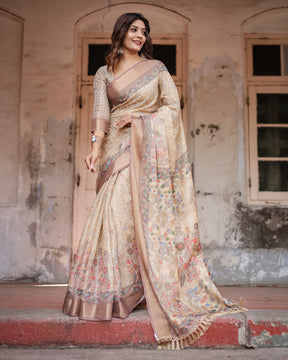 Printed Off White Linen Saree for Women with Multicolor Pallu and Ethnic Border – Lightweight Casual Wear