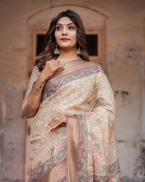 Printed Off White Linen Saree for Women with Multicolor Pallu and Ethnic Border – Lightweight Casual Wear