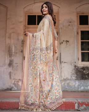Printed Off White Linen Saree for Women with Multicolor Pallu and Ethnic Border – Lightweight Casual Wear