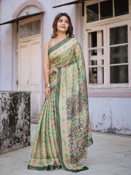 Printed Mint Green Linen Saree for Women with Multicolor Pallu and Ethnic Border – Lightweight Casual Wear