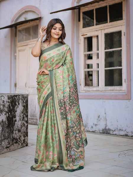 Printed Mint Green Linen Saree for Women with Multicolor Pallu and Ethnic Border – Lightweight Casual Wear