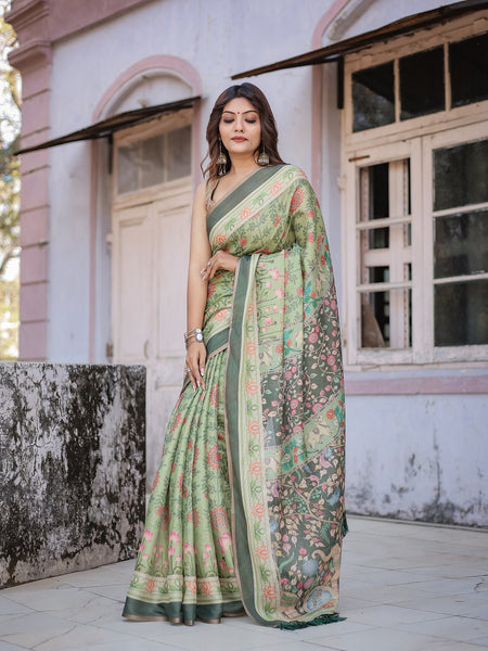 Printed Mint Green Linen Saree for Women with Multicolor Pallu and Ethnic Border – Lightweight Casual Wear