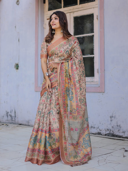Printed Multicolor Linen Saree for Women with Multicolor Pallu and Ethnic Border – Lightweight Casual Wear