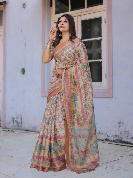 Printed Multicolor Linen Saree for Women with Multicolor Pallu and Ethnic Border – Lightweight Casual Wear