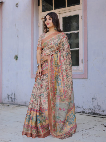 Printed Multicolor Linen Saree for Women with Multicolor Pallu and Ethnic Border – Lightweight Casual Wear