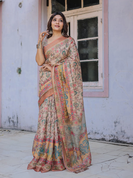 Printed Multicolor Linen Saree for Women with Multicolor Pallu and Ethnic Border – Lightweight Casual Wear