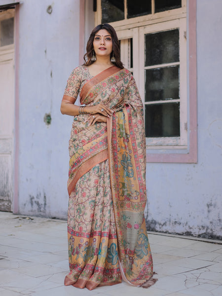 Printed Multicolor Linen Saree for Women with Multicolor Pallu and Ethnic Border – Lightweight Casual Wear