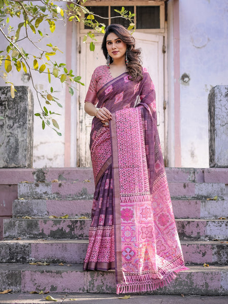 Printed Pink Linen Saree for Women with Multicolor Pallu and Ethnic Border – Lightweight Casual Wear