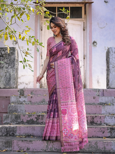 Printed Pink Linen Saree for Women with Multicolor Pallu and Ethnic Border – Lightweight Casual Wear