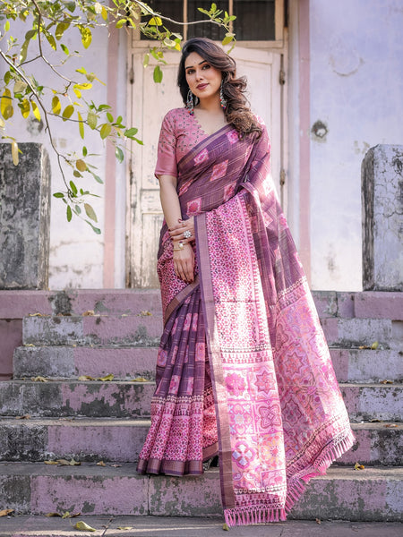 Printed Pink Linen Saree for Women with Multicolor Pallu and Ethnic Border – Lightweight Casual Wear