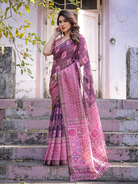 Printed Pink Linen Saree for Women with Multicolor Pallu and Ethnic Border – Lightweight Casual Wear