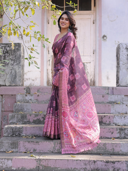 Printed Pink Linen Saree for Women with Multicolor Pallu and Ethnic Border – Lightweight Casual Wear