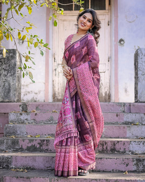 Printed Pink Linen Saree for Women with Multicolor Pallu and Ethnic Border – Lightweight Casual Wear