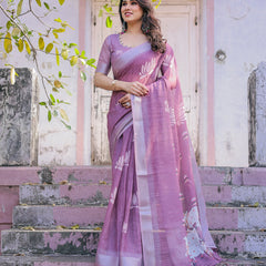 Elegant Mauve Linen Saree with White Lotus Print & Silver Zari Border