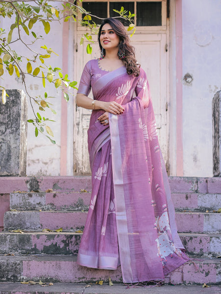 Elegant Mauve Linen Saree with White Lotus Print & Silver Zari Border