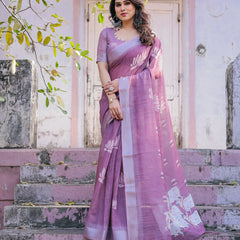 Elegant Mauve Linen Saree with White Lotus Print & Silver Zari Border