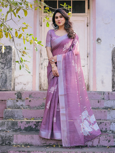 Elegant Mauve Linen Saree with White Lotus Print & Silver Zari Border