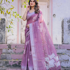 Elegant Mauve Linen Saree with White Lotus Print & Silver Zari Border