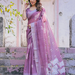 Elegant Mauve Linen Saree with White Lotus Print & Silver Zari Border