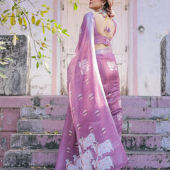 Elegant Mauve Linen Saree with White Lotus Print & Silver Zari Border