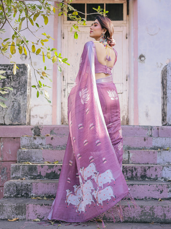 Elegant Mauve Linen Saree with White Lotus Print & Silver Zari Border