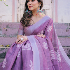 Elegant Mauve Linen Saree with White Lotus Print & Silver Zari Border
