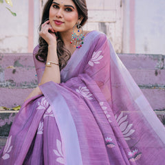 Elegant Mauve Linen Saree with White Lotus Print & Silver Zari Border