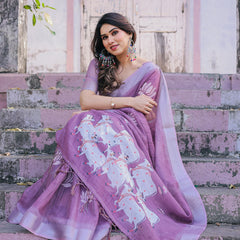 Elegant Mauve Linen Saree with White Lotus Print & Silver Zari Border