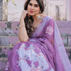 Elegant Mauve Linen Saree with White Lotus Print & Silver Zari Border