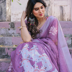 Elegant Mauve Linen Saree with White Lotus Print & Silver Zari Border