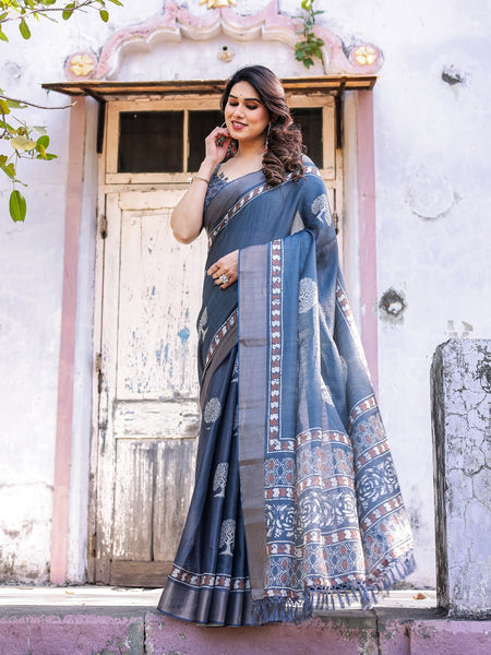 Printed Teal Blue Linen Saree for Women with Multicolor Pallu and Ethnic Border – Lightweight Casual Wear
