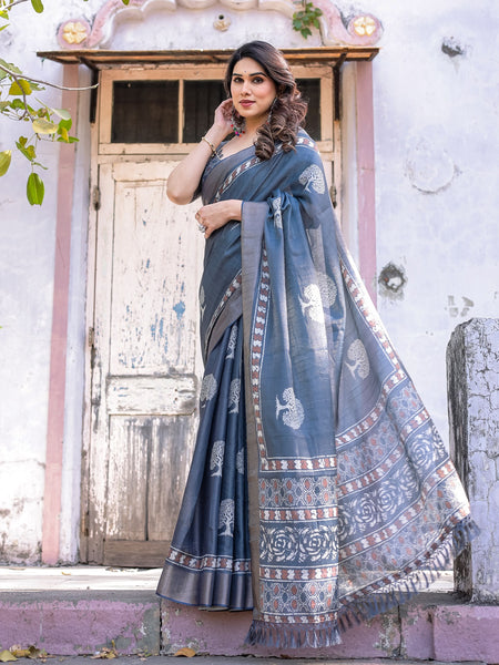 Printed Teal Blue Linen Saree for Women with Multicolor Pallu and Ethnic Border – Lightweight Casual Wear