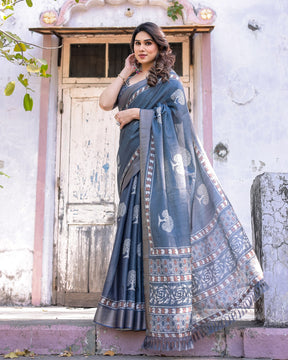 Printed Teal Blue Linen Saree for Women with Multicolor Pallu and Ethnic Border – Lightweight Casual Wear