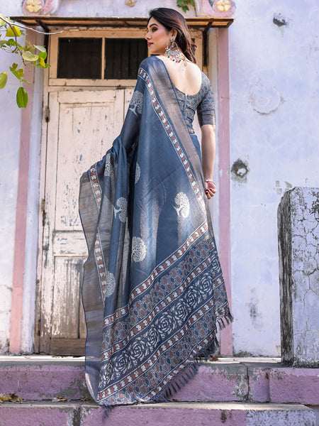 Printed Teal Blue Linen Saree for Women with Multicolor Pallu and Ethnic Border – Lightweight Casual Wear